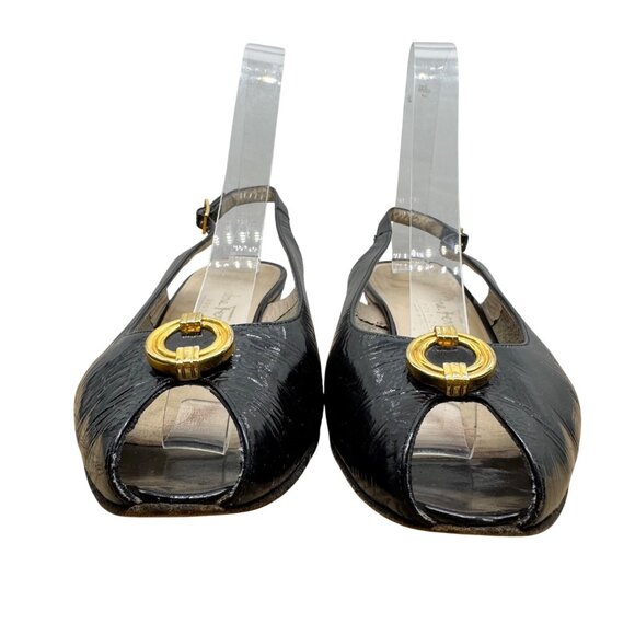 Salvatore Ferragamo Black Patent leather peep toe slingback heels Women's sz 7B - Picture 4 of 12